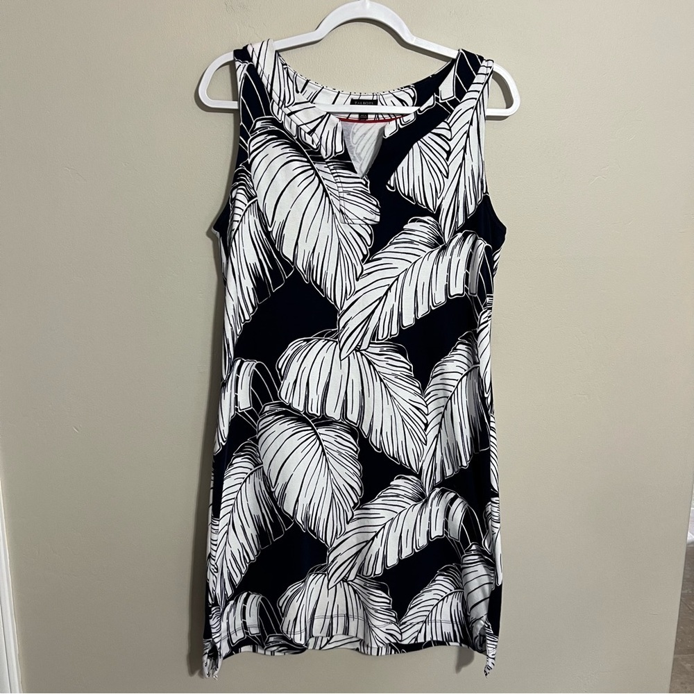Talbots Sleeveless V-neck Palm Leaf Print Shift Dress Navy Blue White size MP